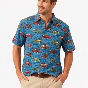 Campia Moda Men’s NEWShort Sleeve Button-Up Shirt Blue Retro Car Print Size‎ L